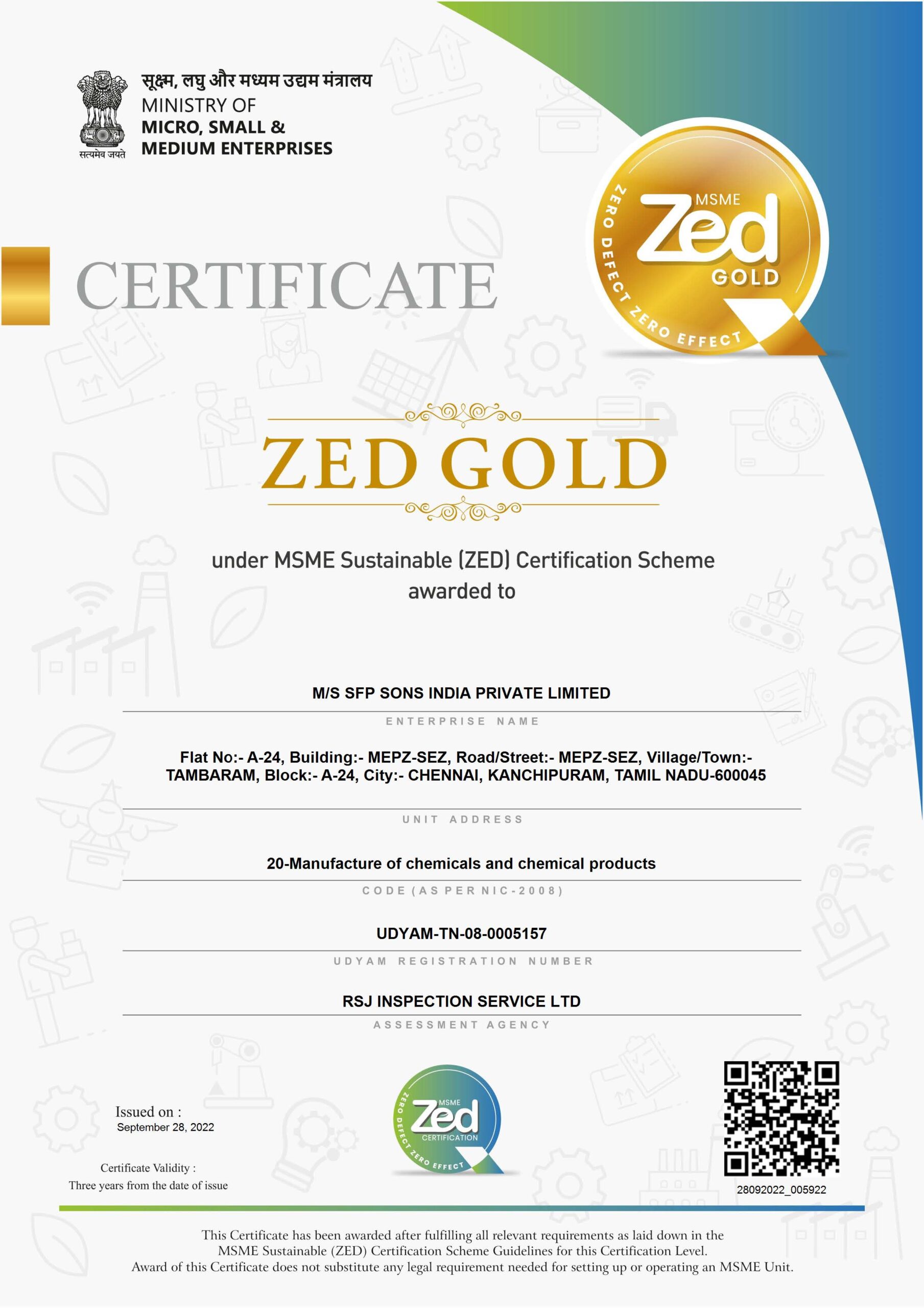 MSME Sustainable ( ZED ) GOLD Certification for SFP Sons